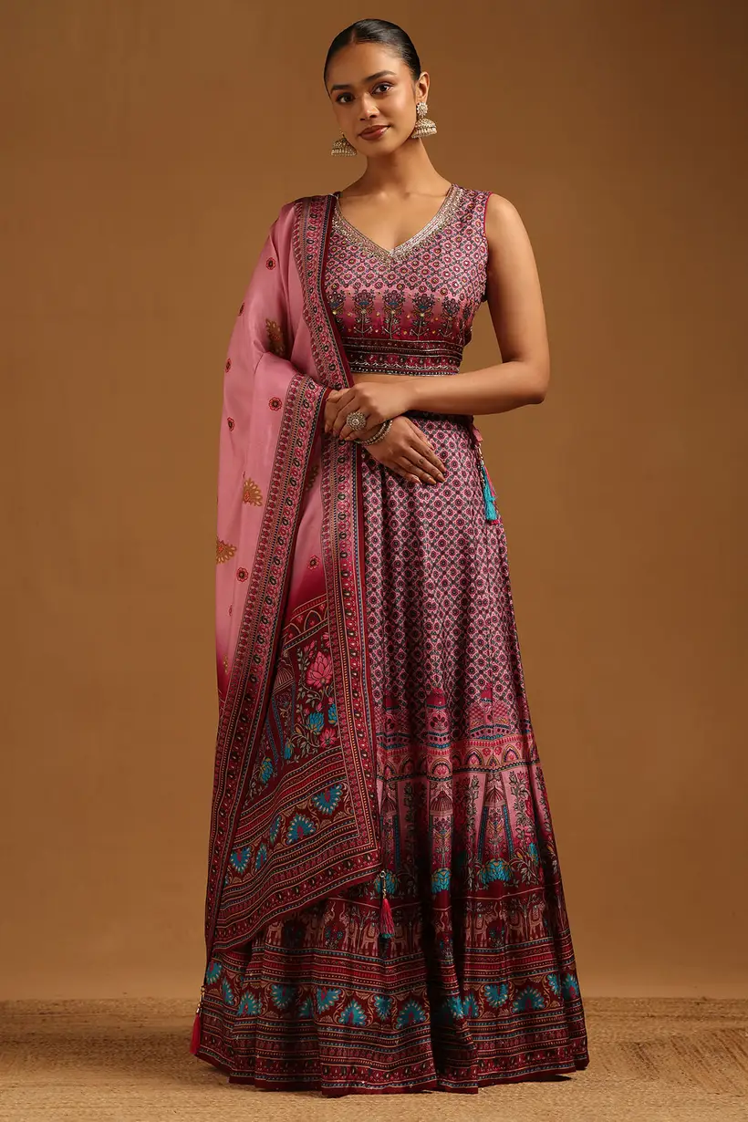 Pink Russian Silk Botanical Lehenga With Mirror Work